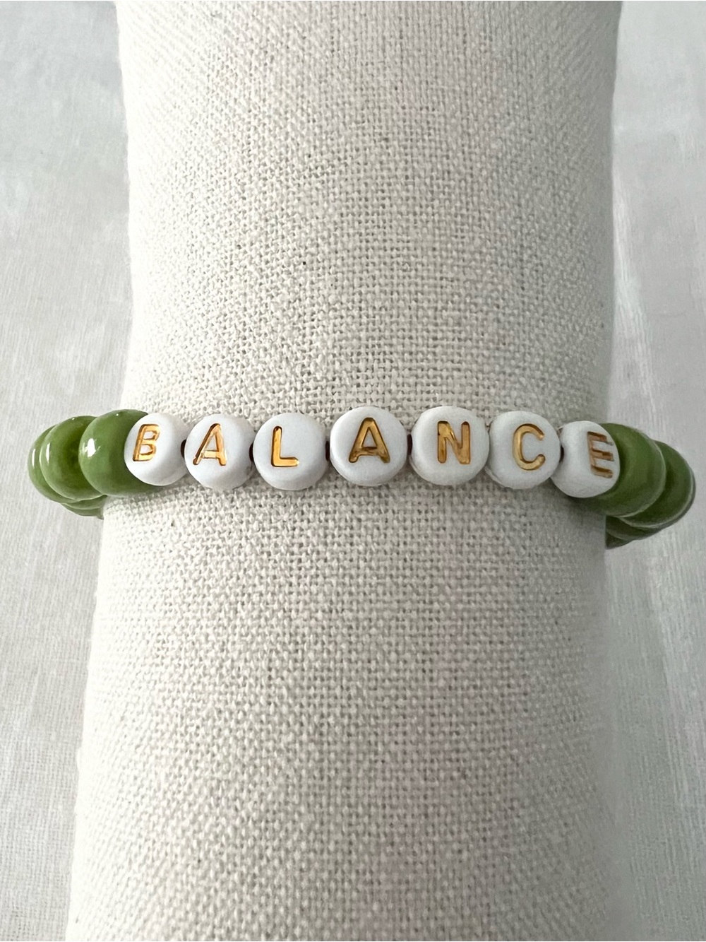 Handmade BALANCE Green Pony Bead Stretch Bracelet | Inspirational Word Bracelet